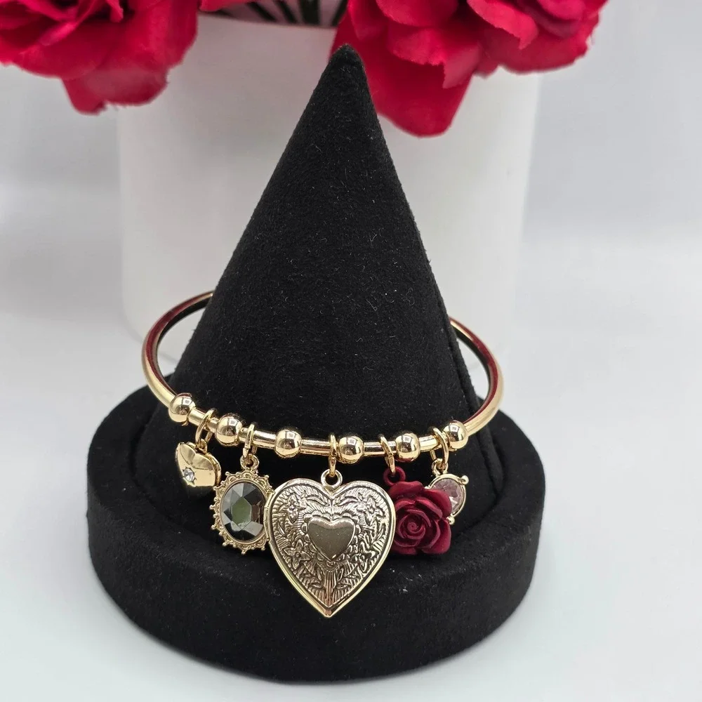Guess Gold Tone Heart Locket Rose Charm Bangle Bracelet Adjustable Logo Tag